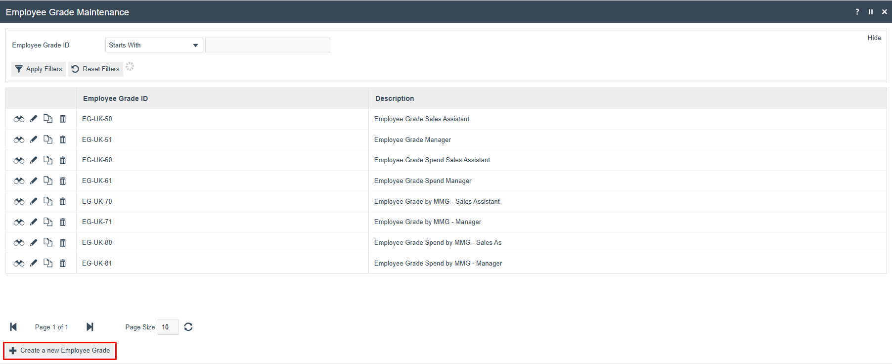 Employee Grade Maintenance list showing existing grades and a Create a New Employee Grade button.