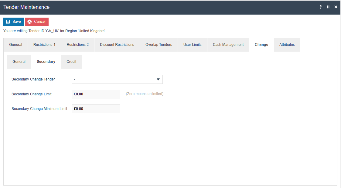 Tender Maintenance Change tab Secondary sub-tab showing Secondary Change Tender, Secondary Change Limit, and Secondary Change Minimum Limit fields