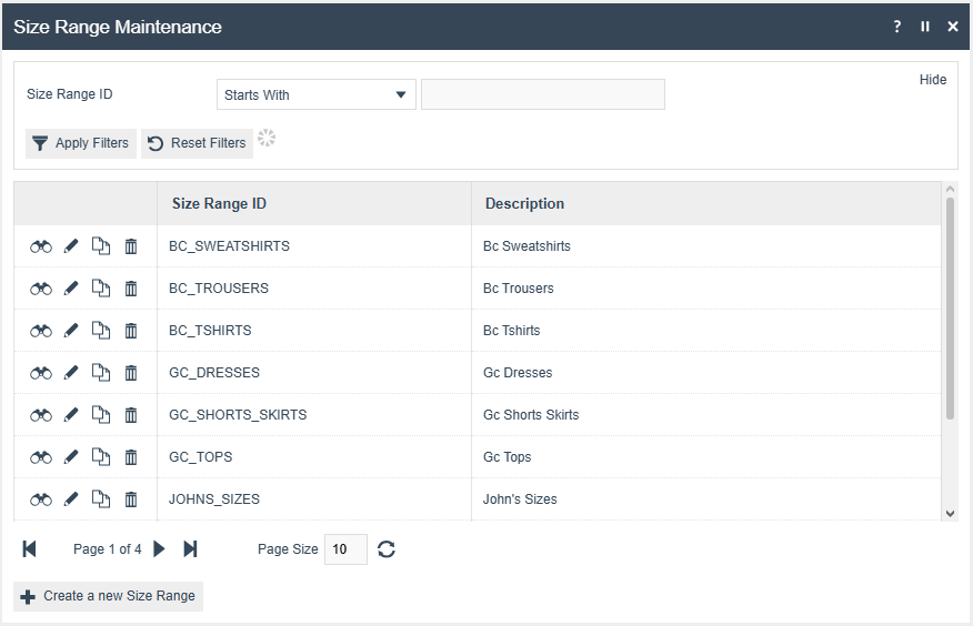 Size Ranges Maintenance select page listing currently configured Size Ranges with management options
