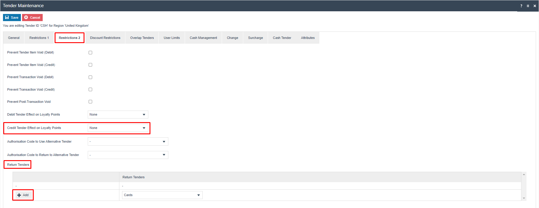 Tender Maintenance for CASH on the Restrictions 2 tab. The Return Tenders section is highlighted.