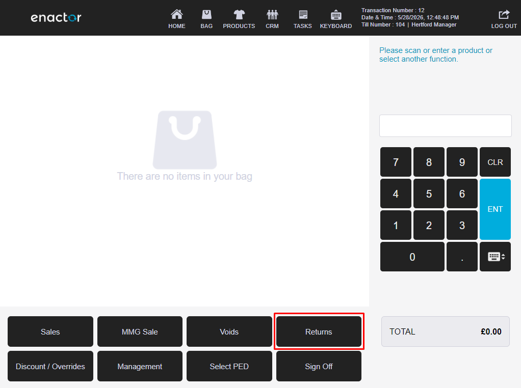 POS main screen with empty basket. The Returns button is highlighted in the bottom function bar.