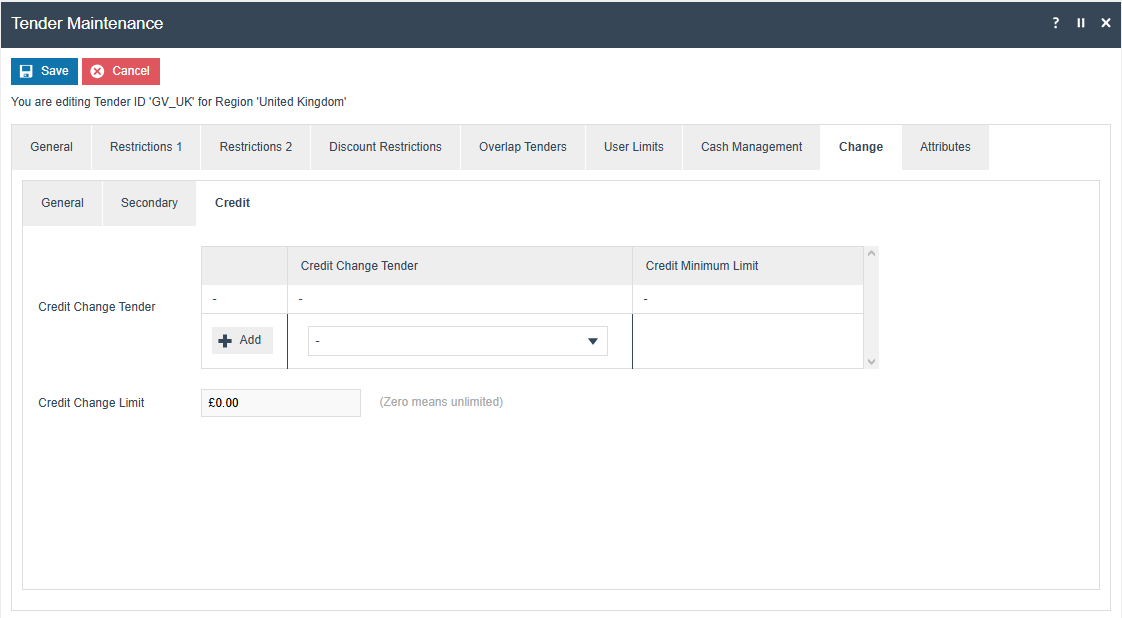 Tender Maintenance Change tab Credit sub-tab showing the Credit Change Tender table with Credit Minimum Limit and the Credit Change Limit field
