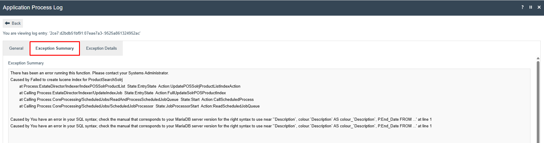 Application Process Log Exception Summary tab showing error details for the failed scheduled job.