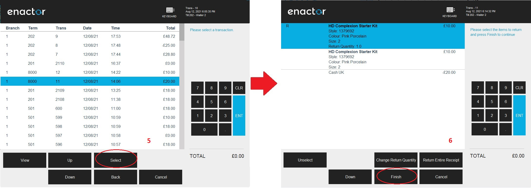 Receipt Return Item Selection
