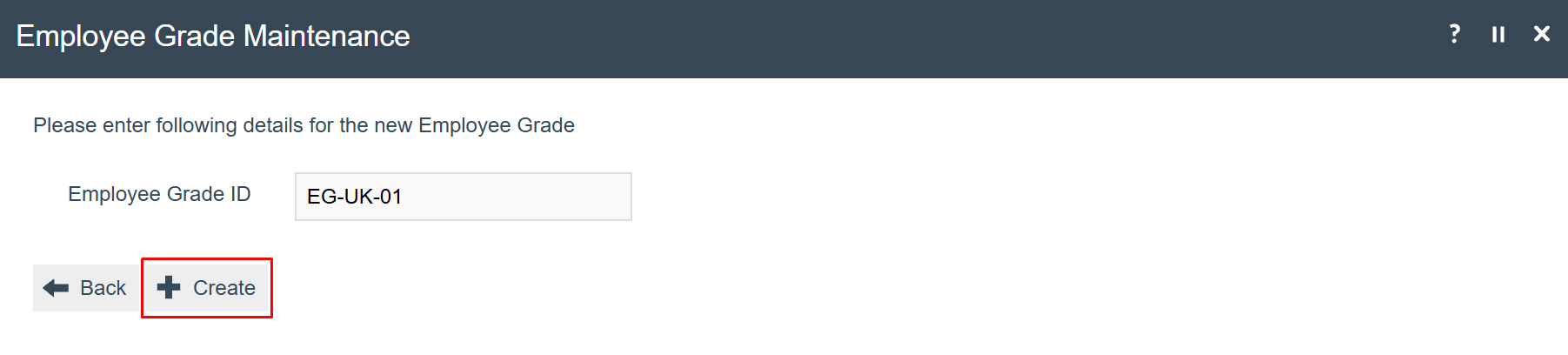 Create new Employee Grade dialog showing Employee Grade ID field.