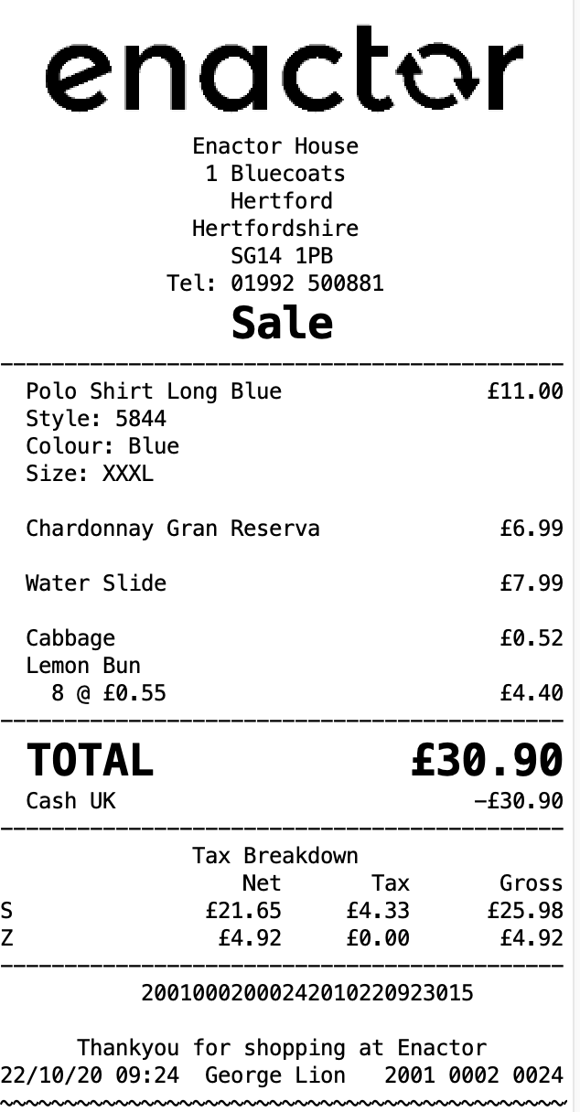 POS receipt showing a sale transaction with multiple items and a tax breakdown section at the bottom displaying VAT calculations for different tax codes.