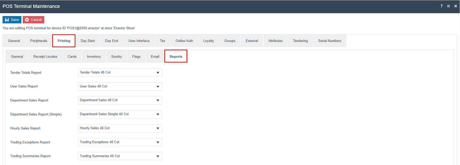 POS Terminal Printing tab (Reports sub-tab) showing report-format dropdowns such as Tender Totals 48 Col and User Sales 48 Col.