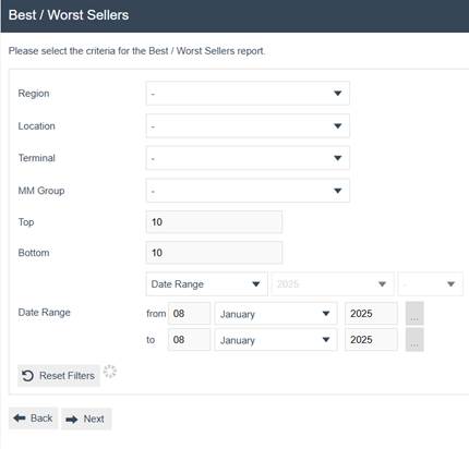 Rolling Replenishment Stock Ledger Transactions filter screen with Region, Location, Terminal, and MM Group dropdowns, Top and Bottom set to 10, and Date Range fields.
