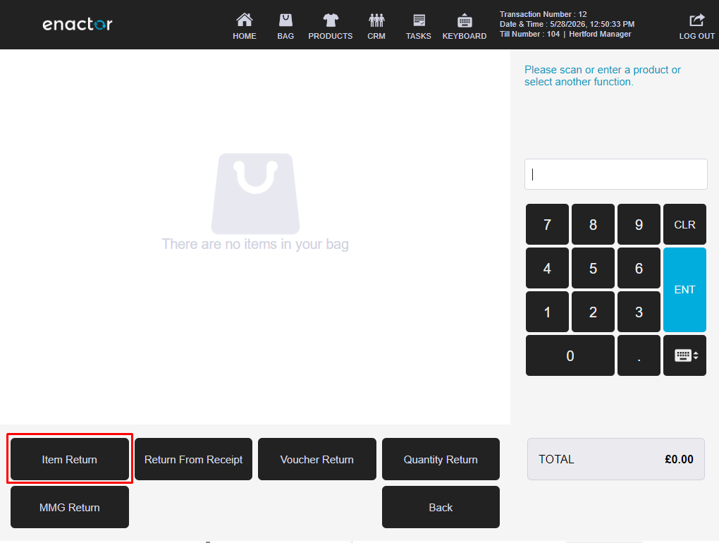 POS Returns sub-menu. Item Return is highlighted.