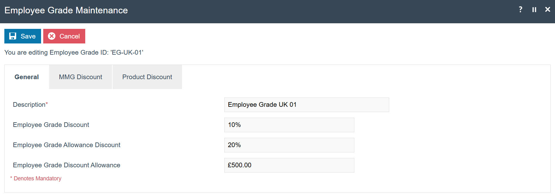 Employee Grade General tab showing Description, Employee Grade Allowance Discount, Employee Grade Discount, and Employee Grade Discount Allowance fields.
