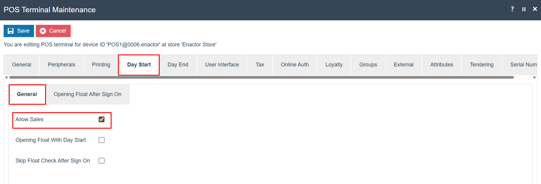 POS Terminal Day Start tab (General sub-tab) with Allow Sales checked.