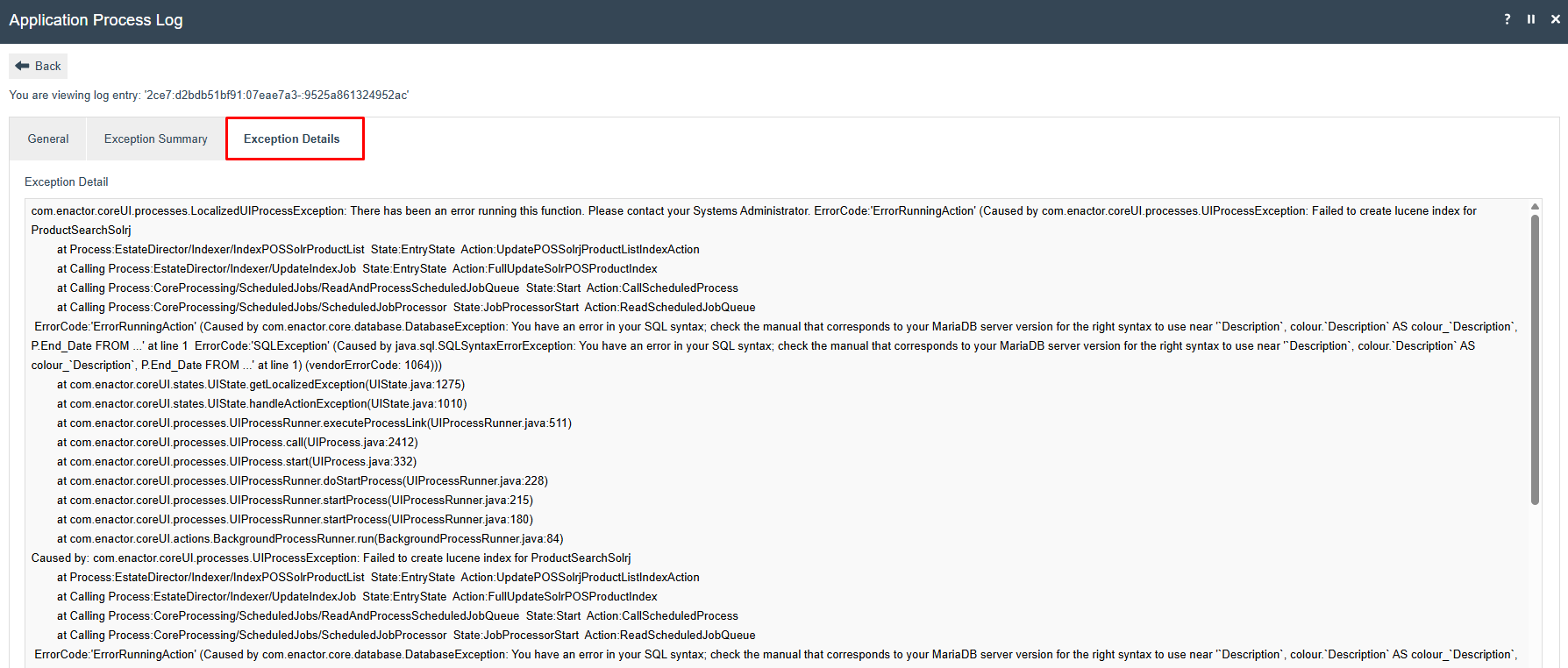 Application Process Log Exception Details tab showing the full exception stack trace for the failed scheduled job.
