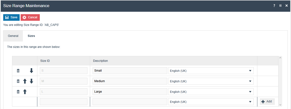 Size Range Maintenance Sizes Tab showing the ordered list of sizes with Size ID, Description, Add, Delete, Up and Down controls