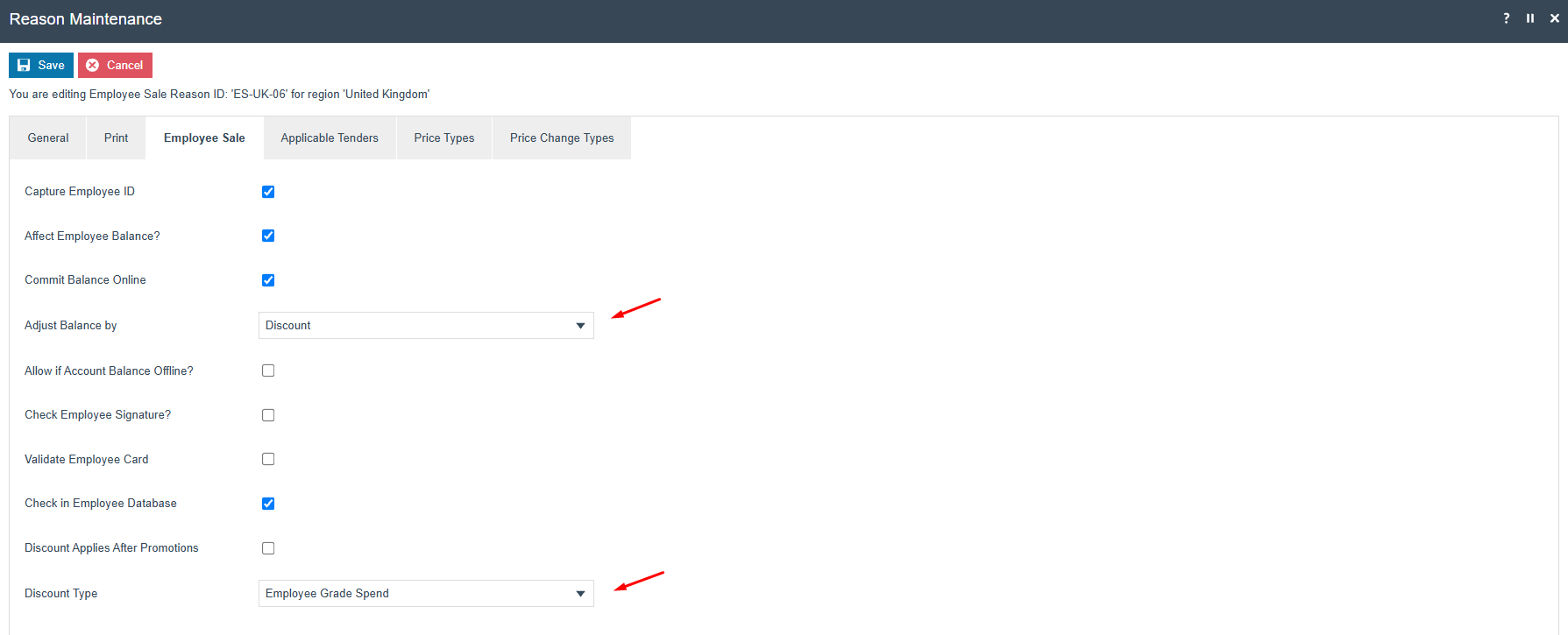 Employee Sale Reason Employee Sale tab with Discount Type set to Employee Grade and Adjust Balance by Discount.