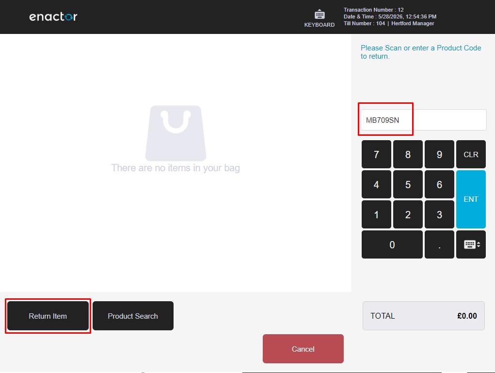 POS Item Return scan screen. MB709SN has been entered in the barcode field.
