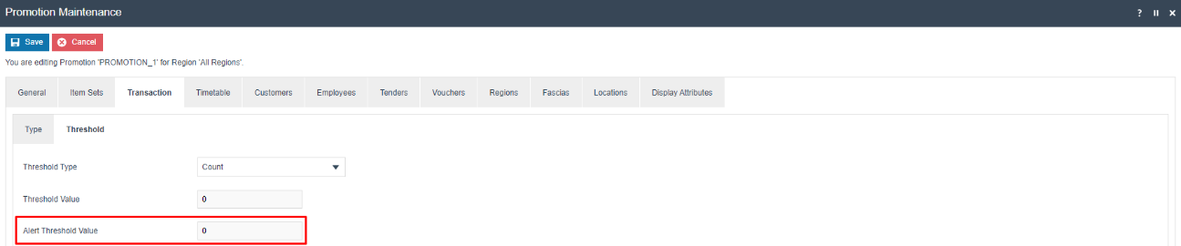 Promotion Maintenance Transaction - Threshold tab showing the Alert Threshold Value field highlighted when Alert Operator When Nearly Triggered is enabled.