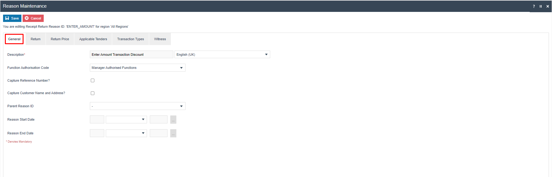 Reason Maintenance General tab for ENTER_AMOUNT showing Function Authorisation Code set to 'Manager Authorised Functions'.