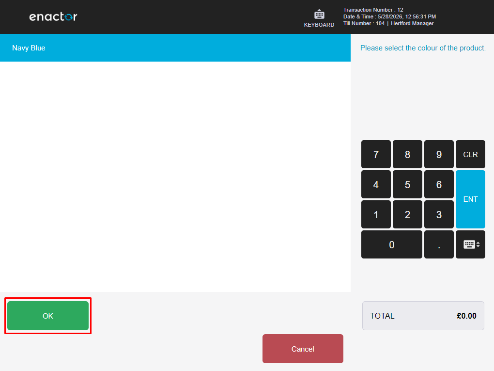 POS colour selection screen. Navy Blue is highlighted from the available colour options.