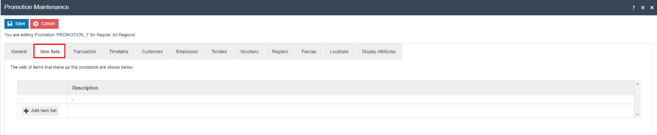 Promotion Maintenance on the Item Sets tab. The item sets list is empty with an Add Item Set button.