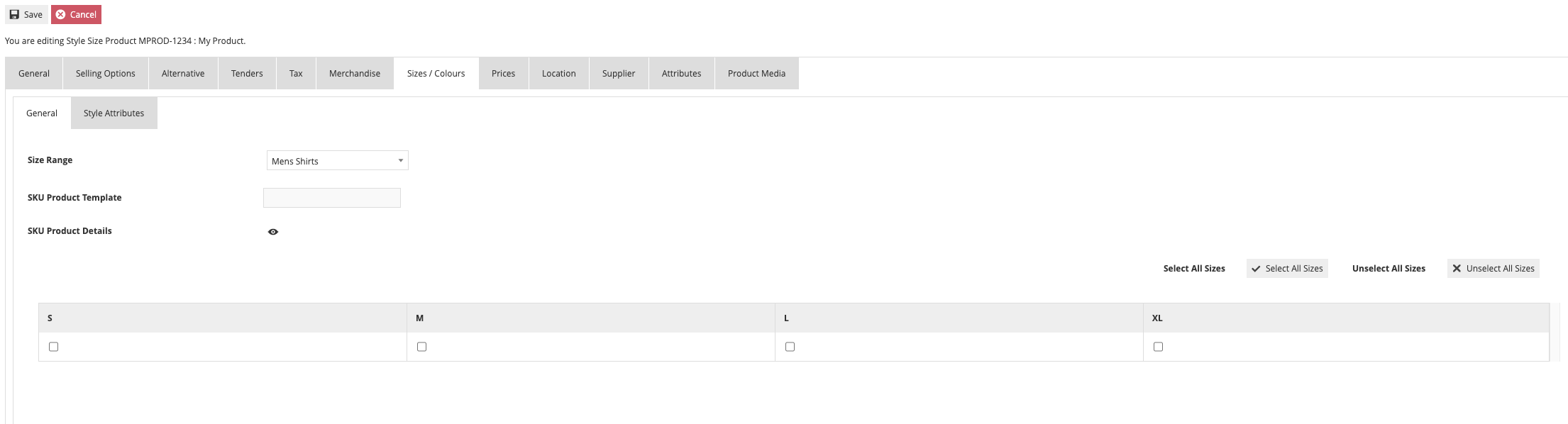 Product Maintenance Sizes / Colours tab for a Style Size Product showing Size Range selection and checkboxes for available sizes