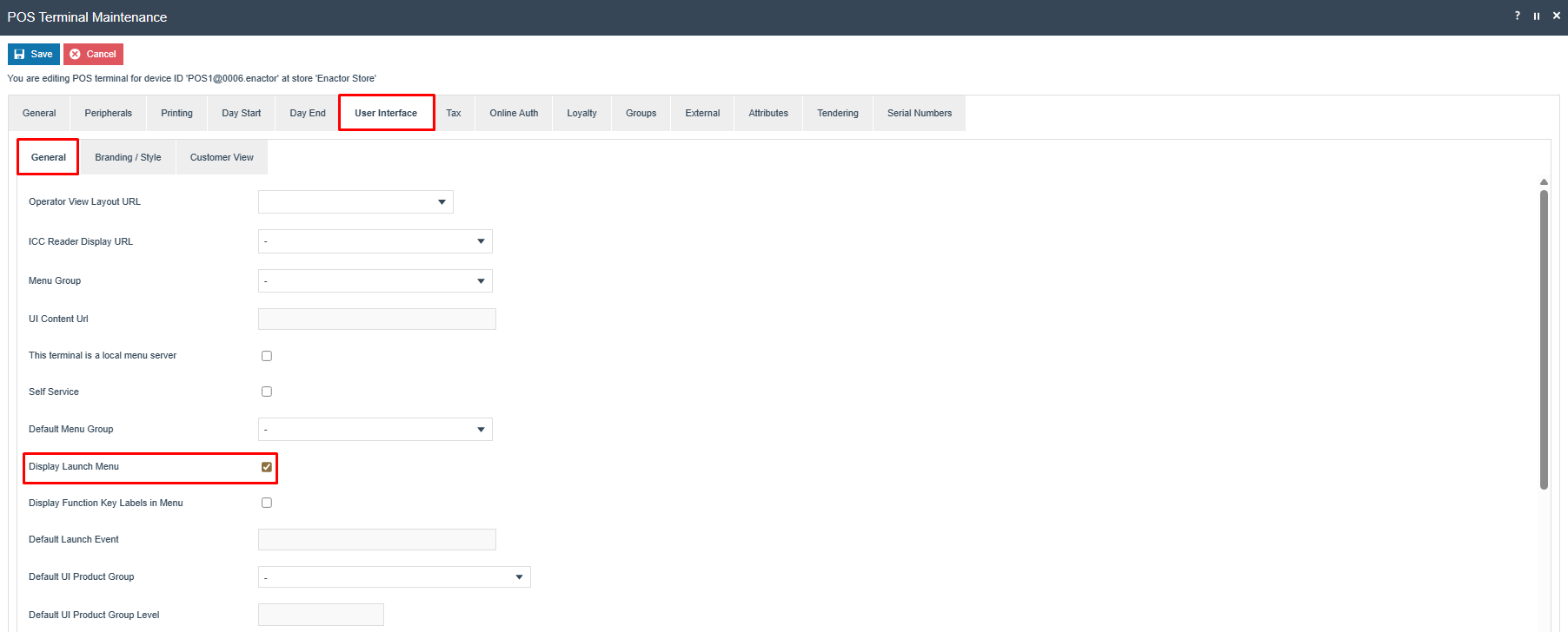 POS Terminal User Interface tab (General sub-tab) with Display Launch Menu checked.