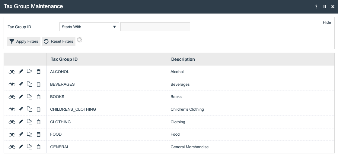 Tax Groups list page