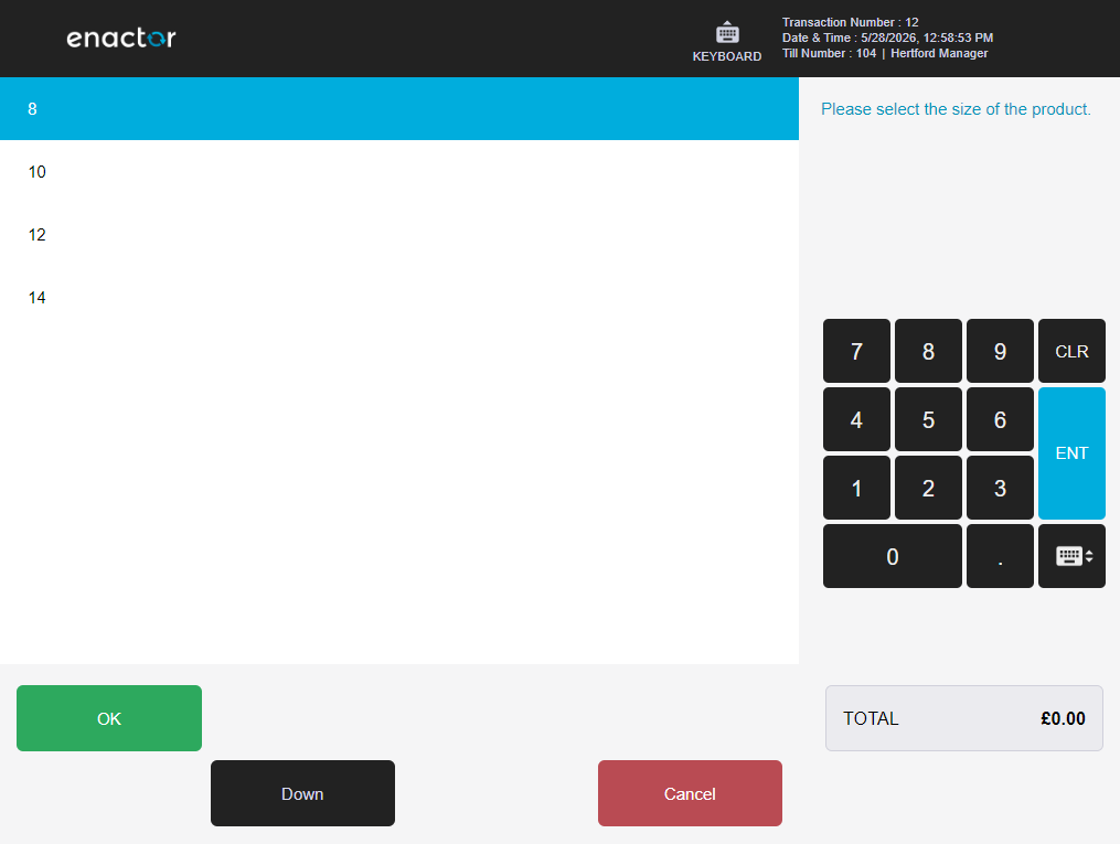 POS size selection screen. Size 8 is highlighted from available sizes 8, 10, 12, and 14.