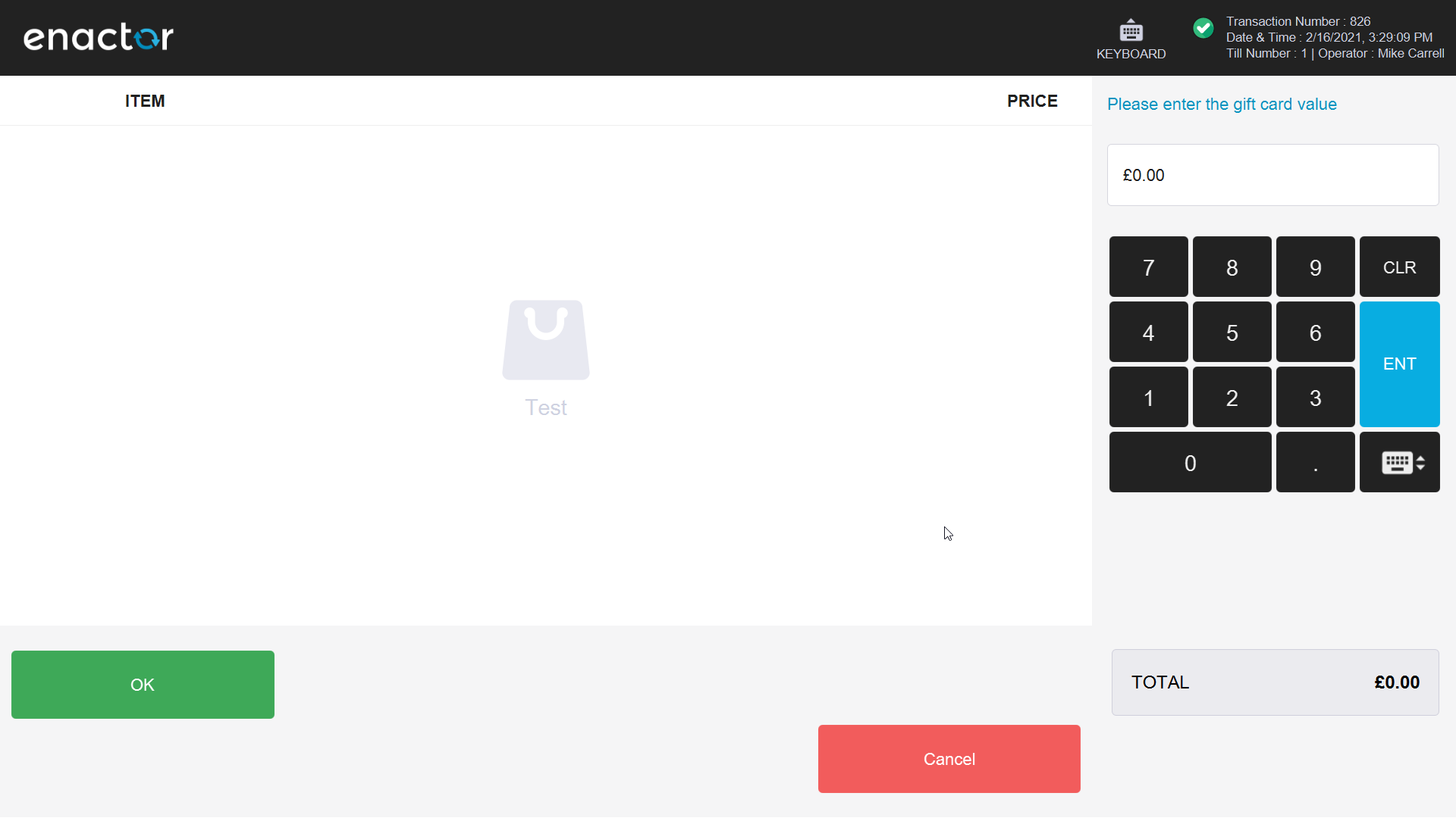 POS screen prompting for gift card number entry with a numeric keypad.