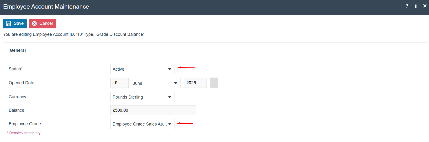 Employee Account edit screen for Grade Discount Balance type showing Balance, Employee Grade, and Status fields.