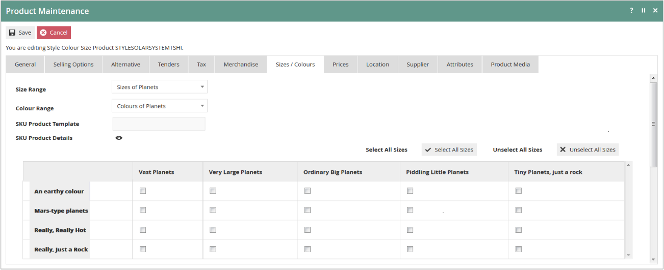 Product Maintenance Sizes / Colours tab for a Style Colour Size Product showing the colour-size matrix with checkboxes