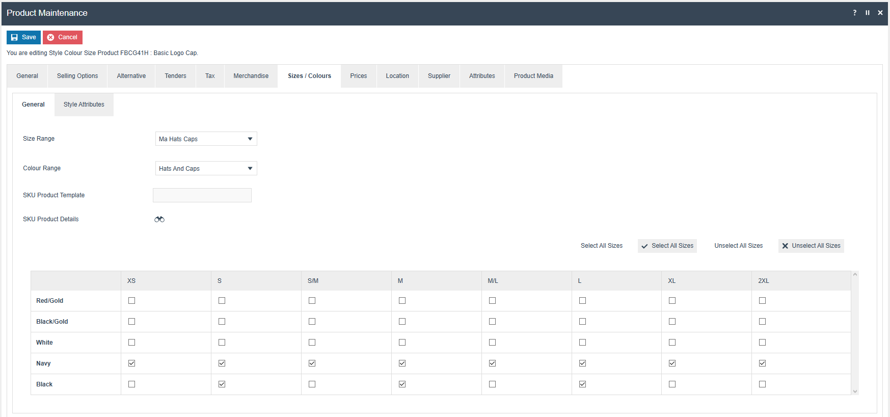 Product Maintenance Sizes / Colours tab for a Style Colour Size Product showing the colour-size matrix with checkboxes