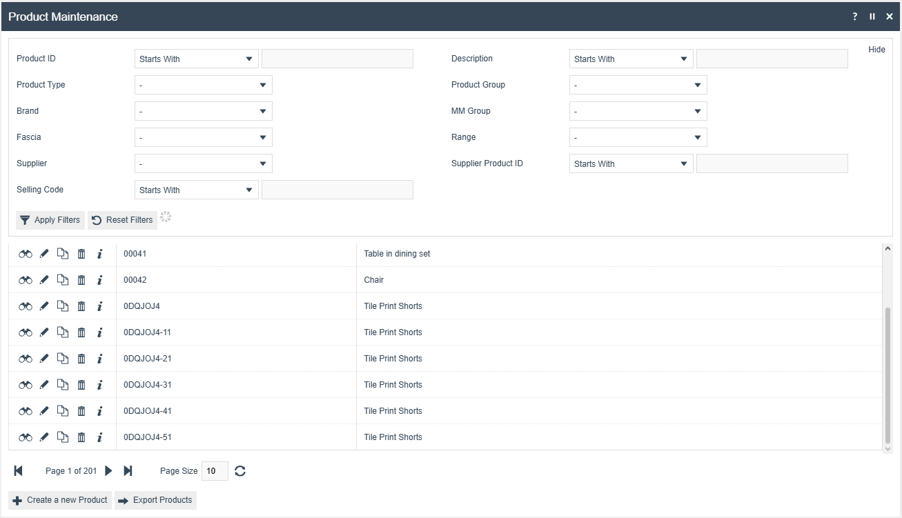 Product Maintenance list screen with search filters and a paginated product list.