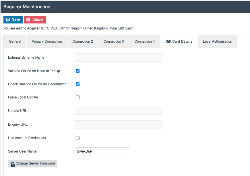 Acquirer Maintenance - Gift Card Details tab showing online validation and server credential fields