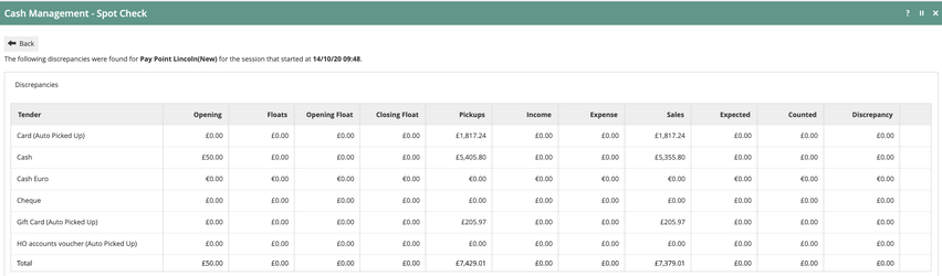 Cash Management Spot Check screen showing all tender discrepancies at zero after pickup