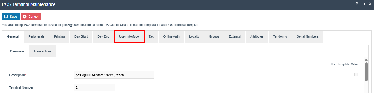 POS Terminal Maintenance General tab showing terminal configuration fields.