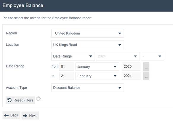 Employee Balance filter screen with Region set to United Kingdom, Location set to UK Kings Road, Date Range from 01 January 2020 to 21 February 2024, and Account Type set to Discount Balance.
