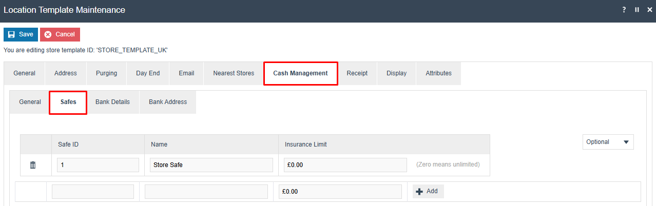 Location Maintenance - Cash Management Safe tab showing Safe ID field set to 1 and Name set to Store Safe.