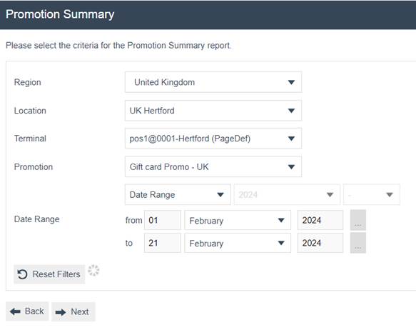 Promotion Summary filter criteria screen. Region is set to 'United Kingdom', Location to 'UK Hertford', Terminal to 'pos1@0001-Hertford (PageDef)', Promotion to 'Gift card Promo - UK', Date Range from 01 February 2024 to 21 February 2024.