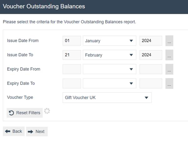 Voucher Outstanding Balances filter screen with Issue Date From set to 01 January 2024, Issue Date To set to 21 February 2024, Expiry Date From and To empty, and Voucher Type set to Gift Voucher UK.