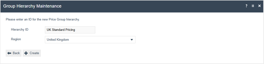 Group Hierarchy Maintenance screen showing the Create New Price Group Hierarchy page with Hierarchy ID and Region fields