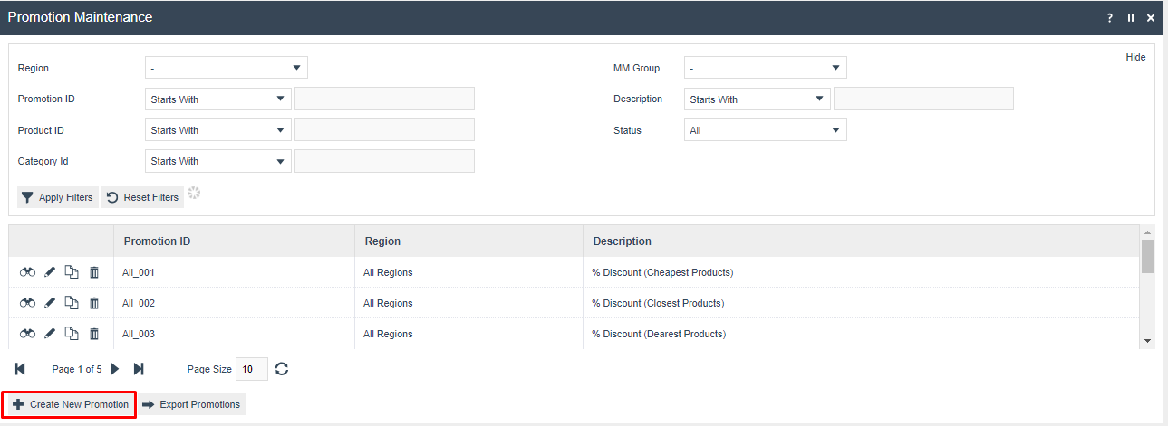 Promotion Maintenance list showing existing promotions. Promotions All_001, All_002, All_003 are listed for All Regions. Create New Promotion button is highlighted at the bottom.