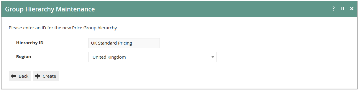 Group Hierarchy Maintenance screen showing the Create New Price Group Hierarchy page with Hierarchy ID and Region fields