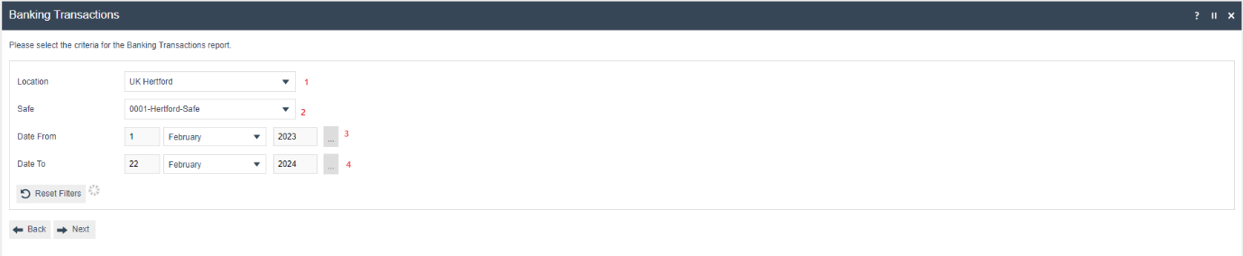 Banking Transactions filter screen with Location, Safe, Date From, and Date To fields.