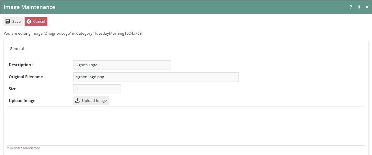 Image Maintenance screen showing Description, Filename, and Upload Image button