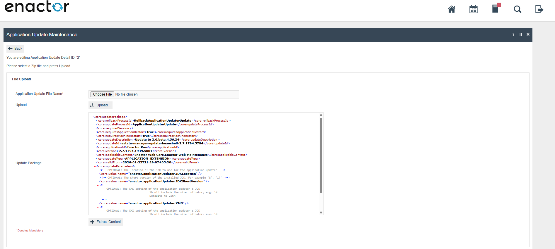 Application Update Maintenance editing screen showing the Update Package XML content and the Extract Content button
