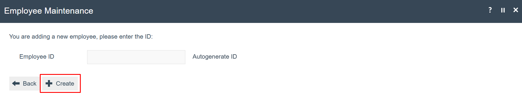 Create new Employee dialog showing Employee ID entry field.