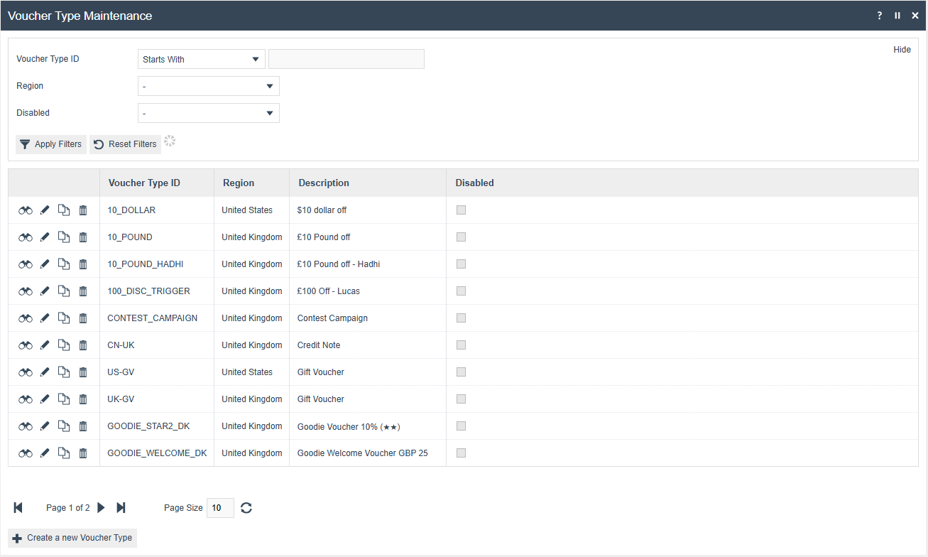 Voucher Type Maintenance list view showing the Create a new Voucher Type option