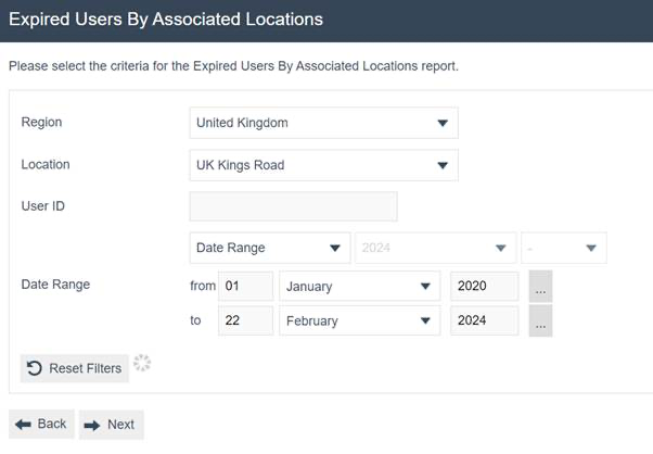 Expired Users By Associated Locations filter screen with Region set to United Kingdom, Location set to UK Kings Road, User ID empty, and Date Range from 01 January 2020 to 22 February 2024.