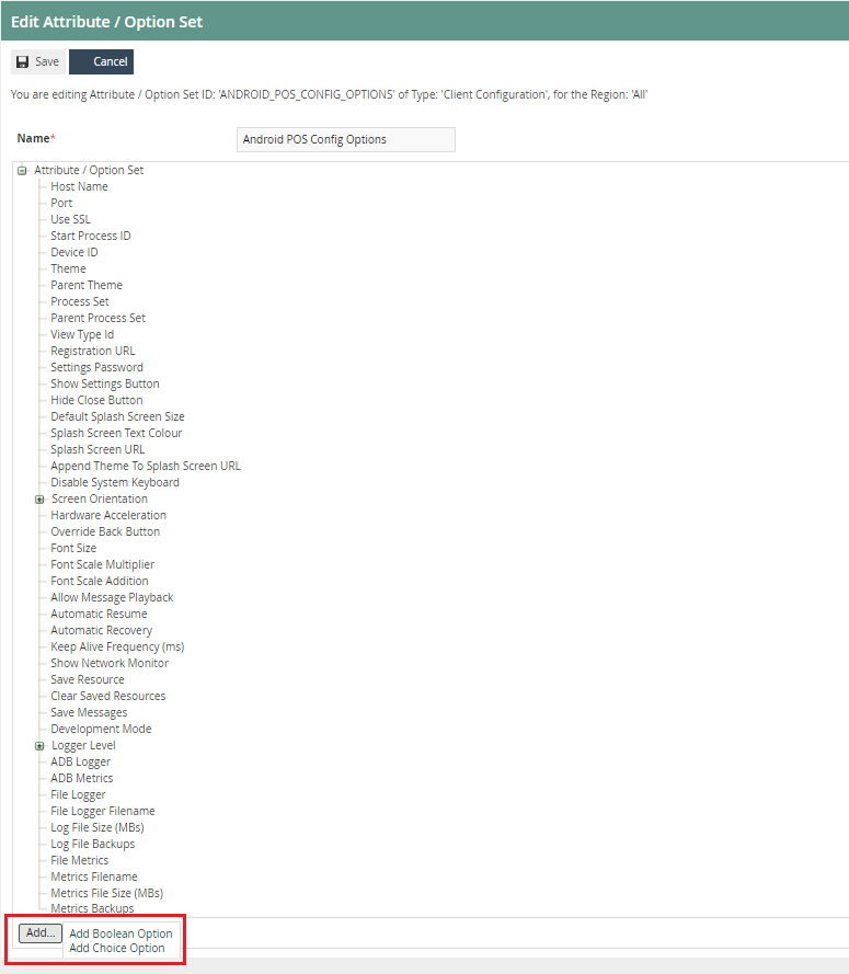 Attribute / Option Set editor showing properties for the IOS POS Config Options set