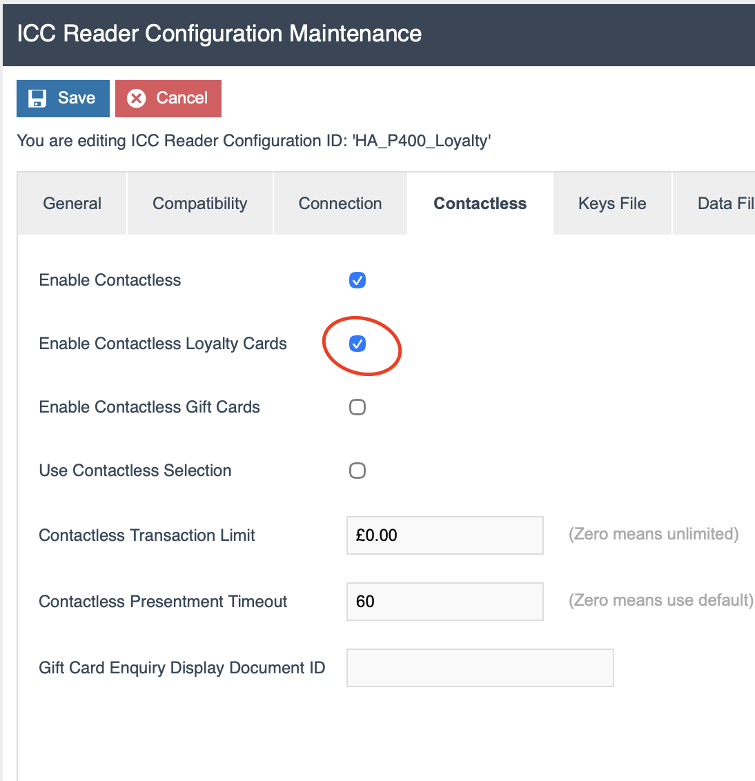 ICC Reader Configuration Contactless tab showing Enable Contactless Loyalty Cards checkbox checked